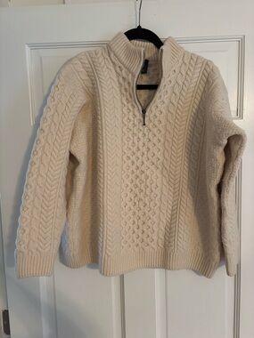 Aran 100% Wool Cream Cable Knit Half-Zip Sweater